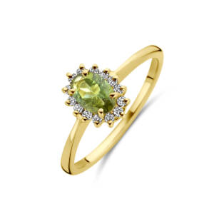 Klassieke gouden ring met as onder de edelsteen van groene toermalijn